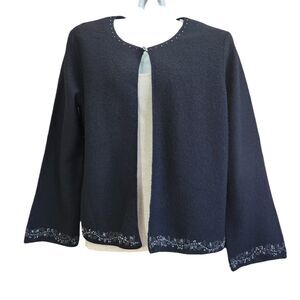 Vtg Laura Ashley 100% Wool Cardigan L Black Beaded Floral Dark Fairy Australia